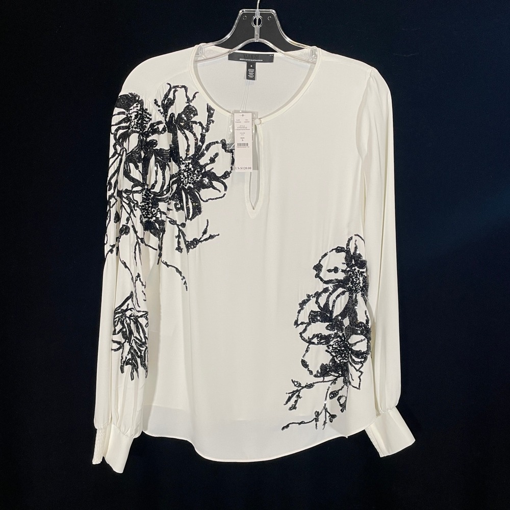 White‎ House Black Market Beaded Blouse Off White Black Floral Sequin NWT Small